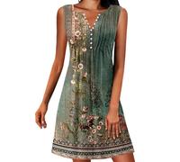 Vestido Informal de Punto sin Mangas con Escote en V en la espalda, Estampado de Chaleco, botones y Cintura Ajustable para Una Salida cómoda a diario.#G