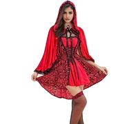 Vestidos Halloween Donna - Costume Cappuccetto Rosso Donna Senza Manica Corsetto Con Cappuccio Attaccato Sexy Mantello Rosso Breve Gonna Vita Chiusura Con Lacci Retro Scuro Stampato Carnevale Vestito
