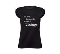 Vestin T-Shirt Donna Girocollo Taglio Vivo 100% Cotone Pettinato Fiammato - IO Non INVECCHIO DIVENTO Vintage- Made in Italy (L, Nero)