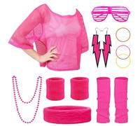 Vestiti Anni 80 14PCS Accessori Costume Donna 80s Outfit Neon T-Shirt Orecchini Collane Bracciali Con Retrò Carnevale Cosplay Festa Rosa