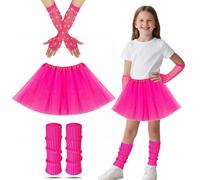 Vestiti Anni 80 Bambina,80s Abito di Fantasia per Bambini con Riscaldatori Gambe RosaGonna Tutu Neon Fishnet Guanti 80s Abito di Fantasia Anni '80 Tema Festa Costume Accessori Set per Ragazze (Rosa)