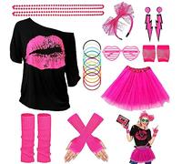 Vestiti Anni 80, Taglia Unica, T-Shirt, Tutù, Occhiali, Scaldamuscoli, Cerchietto, Orecchini, Collane, Guanti Rete, Accessori Costume Anni 80, Anni '80 Abbigliamento Donna Set per Donne e Ragazze