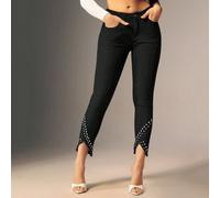 Vestiti autunnali da donna, jeans slim fit asimmetrici blu scuro con dettagli in strass e orlo grezzo, adatti per uso quotidiano, uscite, concerti, festival, feste L,M,S,XLColore unicoDenim