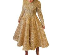 Vestiti Cerimonia Donna - Abito con Paillettes Gonna Lunga Abito da Girocollo Abito da Cocktail a Pieghe Scintillanti in Velluto a Maniche Lunghe (Gold, M)