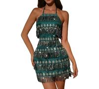 Vestiti con Paillettes Donna, Abito da Festa con Maniche a Frange Scintillanti per Feste di, Serate Fuori, Abbigliamento Elegante con Paillettes, Lunghezza Midi (Green, L)