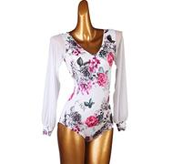 Vestiti Da Ballo Latino Da Donna Lanterna Maniche Lunghe Valzer Tango Gonne Costumi Da Yoga Per Ginnastica Con Scollo A V Abiti Da Ballo Da Sala Cha Cha Body Con Parte Superiore Del Body ,Bianca,S