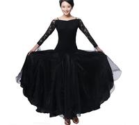 Vestiti da Ballo Standard Valzer Moderna Abbigliamento Ballo Standard da Pratica Manica Lunga Abito da Ballo Donna Liscio Abiti Donna Tulle Cuciture in Pizzo,Nero,L