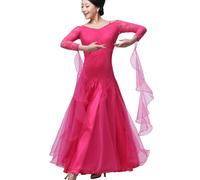 Vestiti da Ballo Standard Valzer Moderna Abbigliamento Ballo Standard da Pratica Manica Lunga Abito da Ballo Donna Liscio Abiti Donna Tulle Cuciture in Pizzo,Rose,L
