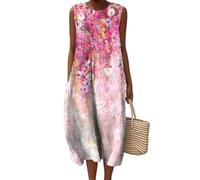 Vestiti da Donna Estivi 2025 in Lino Cotone Casual Chic Boho Taglie Forti Abito Larghi Eleganti Spiaggia Estivo per Lungo Elegante Vacanza Vestito Girocollo e Tasca Larghe Senza Abiti al Ginocchio