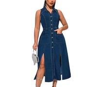 Vestiti da donna in denim taglie forti vestiti senza maniche casual tasche con bottoni orlo antiscivolo maxi abito, Blu, XL