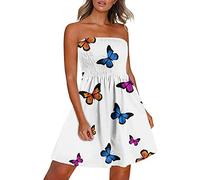 Vestiti da spiaggia a fascia da donna UK senza spalline Boobtube Sheering increspato Boho Mini abito estivo da donna stampa floreale pieghettato fluttuante swing mini abito da spiaggia prendisole,