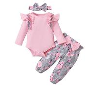 Vestiti della neonata Vestiti per bambini appena nati Ragazze Autunno Tinta unita Top Fiori Pantaloncini Bambini Set Adatto Per 3 A 24 Mesi Neonati Primavera Estate, rosa, 6-12 Mesi