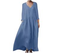 Vestiti Donna Estivi in Cotone e Lino Caftano Boho Abito Ampio Casual Moda Manica Lunga Scollo A V Vestito Estivo Taglie Forti Eleganti Abiti al Ginocchio Larghe da Spiaggia Fresco Vacanza