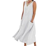 Vestiti Donna Estivi Lunghi Casual, 2024 Abiti Offerte di Primavera in Lino Spiaggia Caftano a Senza Maniche Abito Casual Oversize Elegante Girocollo Abito Largo con Tasche Boho Fresco Vacanza Vestito