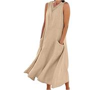 Vestiti Donna Estivi Lunghi Casual, 2024 Abiti Offerte di Primavera in Lino Spiaggia Caftano a Senza Maniche Abito Casual Oversize Elegante Girocollo Abito Largo con Tasche Boho Fresco Vacanza Vestito