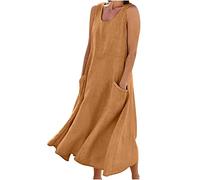 Vestiti Donna Estivi Lunghi Casual, 2024 Abiti Offerte di Primavera in Lino Spiaggia Caftano a Senza Maniche Abito Casual Oversize Elegante Girocollo Abito Largo con Tasche Boho Fresco Vacanza Vestito