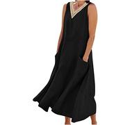 Vestiti Donna Estivi Lunghi Casual, 2024 Abiti Offerte di Primavera in Lino Spiaggia Caftano a Senza Maniche Abito Casual Oversize Elegante Girocollo Abito Largo con Tasche Boho Fresco Vacanza Vestito