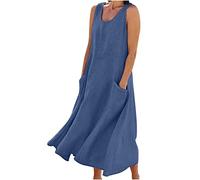 Vestiti Donna Estivi Lunghi Casual, 2024 Abiti Offerte di Primavera in Lino Spiaggia Caftano a Senza Maniche Abito Casual Oversize Elegante Girocollo Abito Largo con Tasche Boho Fresco Vacanza Vestito