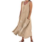 Vestiti Donna Estivi Lunghi Casual, 2024 Abiti Offerte di Primavera in Lino Spiaggia Caftano a Senza Maniche Abito Casual Oversize Elegante Girocollo Abito Largo con Tasche Boho Fresco Vacanza Vestito