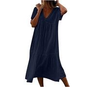 Vestiti Estivi Donna Abito a Tunica Ampia Casual in Cotone e Lino Abito Midi a Maniche Corte con Scollo a V Abito Ampio a Trapezio in Tinta Unita Abito Maxi da Spiaggia Ampio Prendisole in Tinta Unita