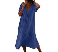 Vestiti Estivi Donna Abito a Tunica Ampia Casual in Cotone e Lino Abito Midi a Maniche Corte con Scollo a V Abito Ampio a Trapezio in Tinta Unita Abito Maxi da Spiaggia Ampio Prendisole in Tinta Unita