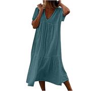 Vestiti Estivi Donna Abito a Tunica Ampia Casual in Cotone e Lino Abito Midi a Maniche Corte con Scollo a V Abito Ampio a Trapezio in Tinta Unita Abito Maxi da Spiaggia Ampio Prendisole in Tinta Unita