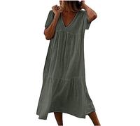 Vestiti Estivi Donna Abito a Tunica Ampia Casual in Cotone e Lino Abito Midi a Maniche Corte con Scollo a V Abito Ampio a Trapezio in Tinta Unita Abito Maxi da Spiaggia Ampio Prendisole in Tinta Unita