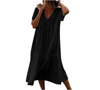 Vestiti Estivi Donna Abito a Tunica Ampia Casual in Cotone e Lino Abito Midi a Maniche Corte con Scollo a V Abito Ampio a Trapezio in Tinta Unita Abito Maxi da Spiaggia Ampio Prendisole in Tinta Unita