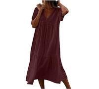Vestiti Estivi Donna Abito a Tunica Ampia Casual in Cotone e Lino Abito Midi a Maniche Corte con Scollo a V Abito Ampio a Trapezio in Tinta Unita Abito Maxi da Spiaggia Ampio Prendisole in Tinta Unita