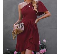 Vestiti Estivi Donna,Abito Monospalla da Donna Abito Casual Sexy con Volant Abito Vintage Elegante Mini Abito Bordeaux Abito da Sera Fluente Abito Asimmetrico Abito da Cocktail Boho Party,L