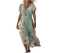 Vestiti Estivi Donna Lino Vestito Lungo Boho Chic Scollo a V Maniche Corte Abito Maxi Abitos Vintage Caftano con Tasche Taglie Forti Curvy Elegante Dresses per Spiaggia Vacanza Moda 2026