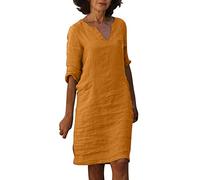 Vestiti Estivi Donna Lunghezza Media Vestito Cotone e Lino Collo V Abiti Eleganti Abito Casual Vintage Colore Puro Maniche a Sette Minuti Maxi Abito Linea A Boho Spiaggia Vestiti