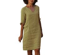 Vestiti Estivi Donna Lunghezza Media Vestito Cotone e Lino Collo V Abiti Eleganti Abito Casual Vintage Colore Puro Maniche a Sette Minuti Maxi Abito Linea A Boho Spiaggia Vestiti