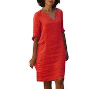 Vestiti Estivi Donna Lunghezza Media Vestito Cotone e Lino Collo V Abiti Eleganti Abito Casual Vintage Colore Puro Maniche a Sette Minuti Maxi Abito Linea A Boho Spiaggia Vestiti