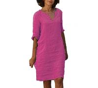 Vestiti Estivi Donna Lunghezza Media Vestito Cotone e Lino Collo V Abiti Eleganti Abito Casual Vintage Colore Puro Maniche a Sette Minuti Maxi Abito Linea A Boho Spiaggia Vestiti