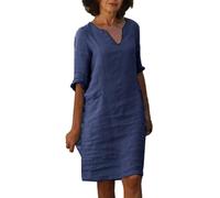 Vestiti Estivi Donna Lunghezza Media Vestito Cotone e Lino Collo V Abiti Eleganti Abito Casual Vintage Colore Puro Maniche a Sette Minuti Maxi Abito Linea A Boho Spiaggia Vestiti