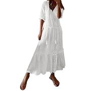 Vestiti Estivi Donna Lunghi Eleganti Pizzo Casual Scollo a V Solido Barba Manica Corta Abito da Donna di Media Lunghezza (Bianco, XXL)