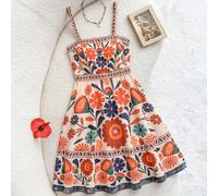 Vestiti estivi e primaverili per bambine e ragazze adolescenti, stile vintage floreale casual da vacanza, stile boho senza schienale, con spalline sottili e vita arricciata, vestiti corti a fantasia t