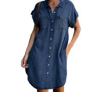 Vestiti Estivi Eleganti Abito Casual da Donna in Stile Denim con Maniche Corte e Larghe Abito Corto al Ginocchio con Bottoni Comodo e Adatto per la Vita Estiva e per Lo Shopping