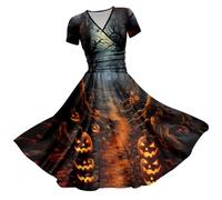 Vestiti Halloween Costume Donna Elegante Curvy Vestito Stampa Sanguinosa Maniche Corte Midi Dress Pipistrelli Abito Gotico Party Abito Da Sera Vestiti Da Donna Maxi Per Carnevale, Halloween, Feste