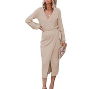 Vestiti Maniche Lunghe Donna Elegante Abiti da Pendolare Abiti da Ufficio in Maglia Autunno/Inverno Abiti a Maniches -Lunghes Vestito Cerimonia Donna Formale (Khaki S)