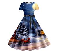 Vestiti Natale Donna Curvy,Abito Donna Casual con Stampa Natalizia A Maniche Corte Stile Casalinga Anni Cinquanta Trama Unica Elegante per Feste E Occasioni Speciali Comodo E Femminile