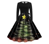 Vestiti Natalizi Donna, Vestiti Donna Maniche Lunghe con Cintura Taglie Forti con Vintage Natale Stampa in Cotone Elegante Ginocchio con Collo Rotondo Vestito Capodanno Donna per Uscire