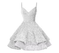 Vestiti Paillettes Donna, Abito da Sera con Bretelle da, Abito con Paillettes, Abito da Banchetto in Tinta Unita, Piccolo Abito (White, 16)