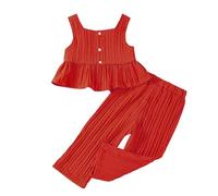 Vestiti per bambine e bambine con volant senza maniche, con bottoni, camicie e pantaloni casual con elastico in vita, da 0 a 3 anni (rosso, 2-3 anni)