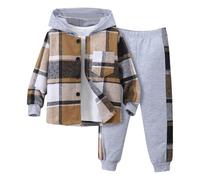 Vestiti per Bambini Piccoli, Camicia con Cappuccio a Quadri, Completo da 2 Pezzi: Felpa con Cappuccio e Pantaloni della Tuta con Bottoni sul Davanti (3~7 Anni)#G