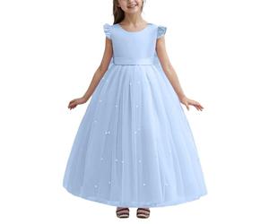 Vestiti per Cerimonie da Bambina 12 Anni Elegante Abito Lungo da Cerimonia per Ragazze con Decorazioni a Fiocco e Perline Occasioni Speciali (Sky Blue, 8-9 Years)