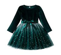 Vestiti per natale-Vestito Natalizio Bambina - Vestitini per Bambine Ragazze Maniche Lunghe con Fiocco Stelle con Stampe Natalizie Baby Girl Tulle Pom Pom Party Dress Abiti da Principessa