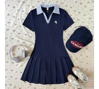 Vestiti per ragazze adolescenti blu scuro con colletto polo, abito polo con piccolo logo e ricamo a motivo cavallo, orlo plissettato, patchwork a righe, colletto a risvolto, abito scolastico, abito ca