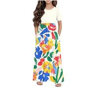 Vestiti Ragazza Eleganti da Cerimonia, Abito Lunga Ragazze Fiore Stampa Grafica Maniche Corte Girocollo Casual Vestito Lunghe con Tasche Stampato Stile retrò Comodo Carnevale Compleanno Vacanza